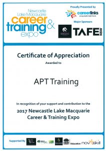 Apt receive Cert from Newcastle Careers Expo