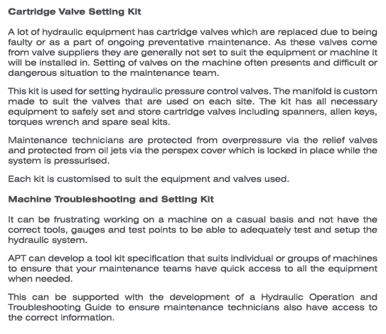 Cartridge Valve Setting Kit A lot of hydraulic equipment has cartridge valves which are replaced due to being faulty ...